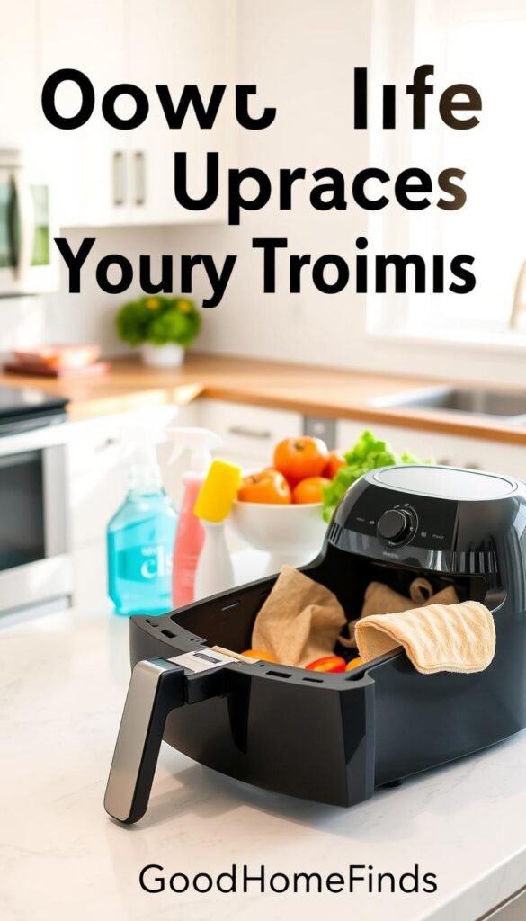 A bright, airy kitchen scene featuring a neatly organized countertop in the foreground, showcasing a well-used air fryer, partially open, revealing its interior with remnants of food. The middle ground focuses on a set of cleaning supplies, including a sponge, dish soap, and a microfiber cloth, arranged aesthetically near a bowl of fresh vegetables, reflecting a commitment to healthy cooking. The background includes a stylish, well-lit kitchen with modern appliances and natural light streaming through a window, creating a warm atmosphere. The image captures a sense of daily life convenience and efficiency, emphasizing cleanliness and practical upgrades for cooking routines. Include the brand name "GoodHomeFinds" subtly integrated into the scene.