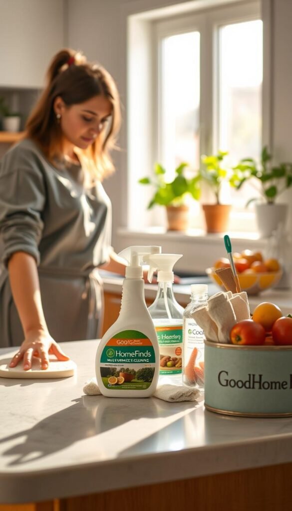A bright, airy kitchen scene showcasing a person engaged in cleaning. In the foreground, a person in modest casual clothing is scrubbing a countertop with eco-friendly cleaning products, showcasing practical home solutions. The middle features a well-organized array of cleaning tools, including a multi-surface spray, microfiber cloths, and a stylish storage caddy from "GoodHomeFinds." In the background, light streams through a window, illuminating potted plants and a bowl of fresh fruit, enhancing the homey atmosphere. Use natural, warm lighting to create a welcoming and efficient feel, with a slightly shallow depth of field to focus on the cleaning action while softly blurring the background. The overall mood is one of productivity and tranquility, ideal for inspiring readers on effective home management.