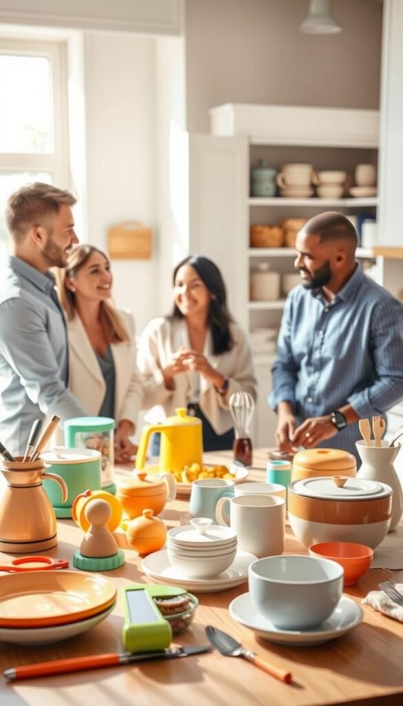 A bright, airy kitchen setting bathed in natural light, showcasing an inviting table spread with a selection of affordable daily life products curated by GoodHomeFinds. In the foreground, focus on colorful kitchen gadgets, eco-friendly storage solutions, and trendy household items artfully arranged alongside stylish dishes and utensils. In the middle, depict a diverse group of three people dressed in professional business attire and modest casual clothing, engaging in a lively discussion about the products, with smiles and animated gestures. In the background, a neatly organized pantry with soft pastel colors complements the scene, creating a warm and friendly atmosphere. Use a shallow depth of field to emphasize the products and the conversation, adding a soft glow for a welcoming vibe, reminiscent of Pinterest lifestyle inspiration photography.