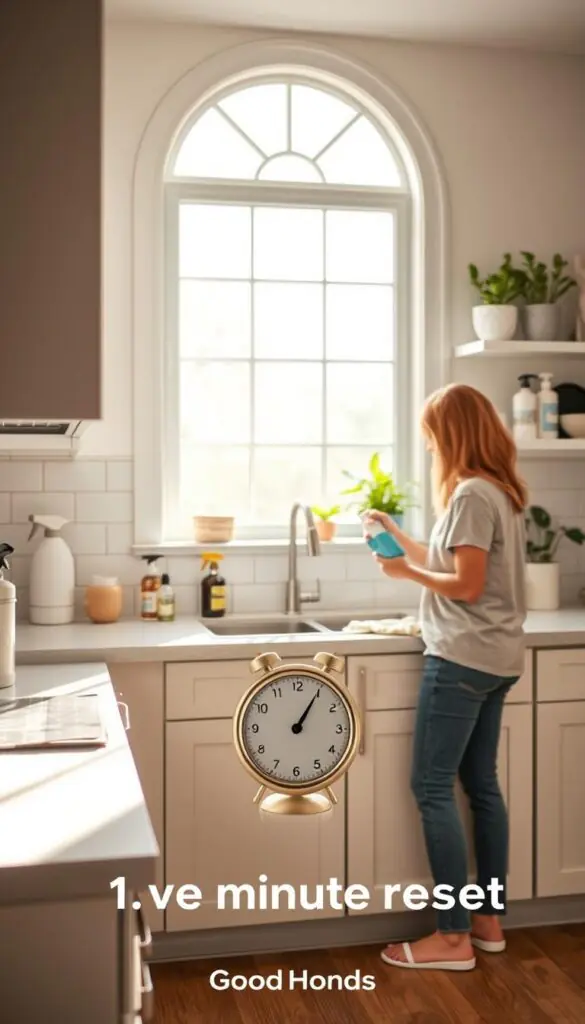 A bright, airy kitchen setting with soft, natural light filtering in through a large window. In the foreground, a person in modest casual clothing is engaged in a quick cleaning session, using simple tools like a microfiber cloth and a spray bottle. The kitchen counters are neatly organized with minimal clutter, showcasing a few strategically placed decorative items. In the middle ground, a small timer indicates a five-minute countdown, symbolizing the theme of a "five-minute reset." In the background, shelves display neatly arranged cleaning supplies and houseplants for a fresh, vibrant atmosphere. The overall mood is relaxed and efficient, embodying a sense of easy organization. The image should evoke a sense of practicality and inspiration for maintaining a tidy space. GoodHomeFinds brand elements subtly integrated into the decor enhance the lifestyle aesthetic.