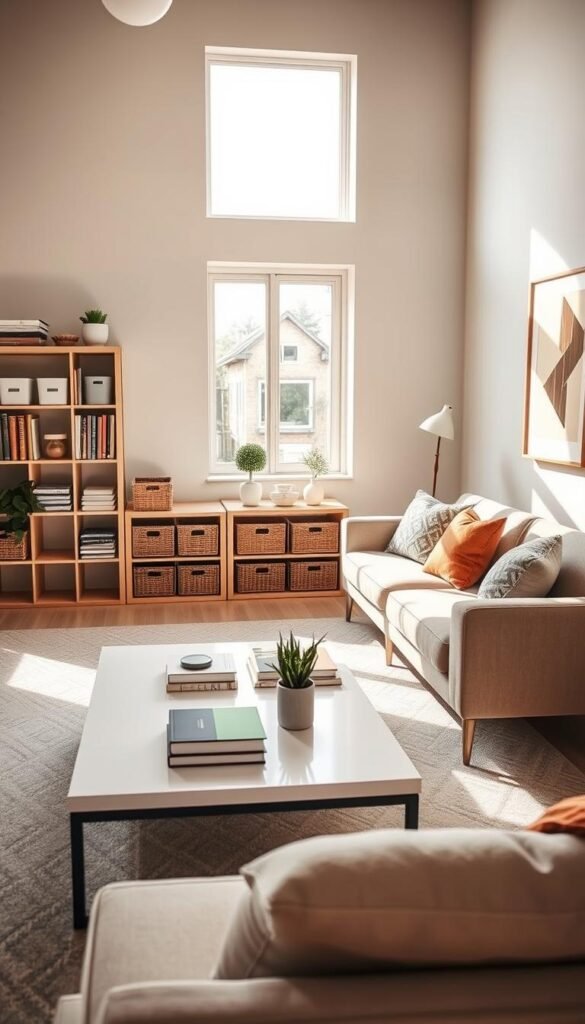 A bright, airy room designed for functionality and simplicity, showcasing a decluttered space that promotes peace and organization. In the foreground, a stylish, minimalist sofa adorned with decorative cushions sits alongside a neatly organized coffee table with a few carefully placed books and a small potted plant. The middle ground features a well-structured bookshelf filled with neatly arranged items and storage baskets, while a large window allows warm, natural light to flood the room, casting soft shadows. In the background, a serene wall color complements artwork that reflects a calm atmosphere. Soft, diffused lighting enhances the inviting mood, making this room an ideal representation of a decluttered lifestyle. The composition emphasizes a holistic approach to maintaining cleanliness, echoing the brand "GoodHomeFinds." A bright, airy room designed for functionality and simplicity, showcasing a decluttered space that promotes peace and organization. In the foreground, a stylish, minimalist sofa adorned with decorative cushions sits alongside a neatly organized coffee table with a few carefully placed books and a small potted plant. The middle ground features a well-structured bookshelf filled with neatly arranged items and storage baskets, while a large window allows warm, natural light to flood the room, casting soft shadows. In the background, a serene wall color complements artwork that reflects a calm atmosphere. Soft, diffused lighting enhances the inviting mood, making this room an ideal representation of a decluttered lifestyle. The composition emphasizes a holistic approach to maintaining cleanliness, echoing the brand "GoodHomeFinds."