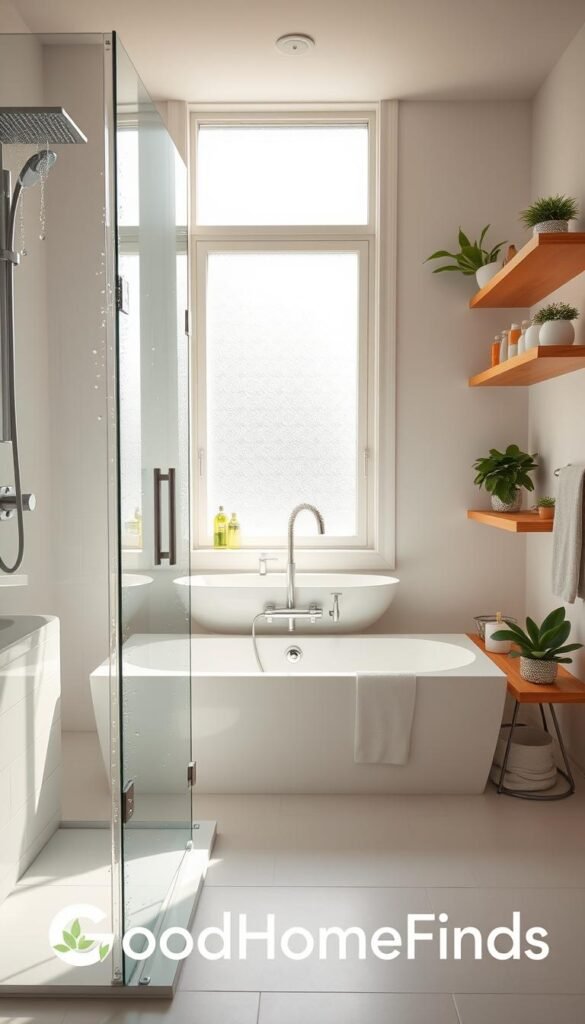 A bright and airy bathroom featuring a modern shower and tub setup, designed to highlight everyday cleanliness and organization. In the foreground, a sleek, glass-enclosed shower with gentle water droplets visible on the surface reflects a serene atmosphere. Bright white tiles contrast with minimalist wooden shelves adorned with natural cleaning products and potted plants, emphasizing a fresh and inviting space. In the middle ground, a pristine white bathtub paired with elegant fixtures awaits relaxation. Soft, natural light filters through a frosted window, casting a warm glow across the scene. The overall mood is calm and rejuvenating, perfect for a daily reset. The image captures the essence of cleanliness and maintenance, promoting a mold-free environment. Brand elements for "GoodHomeFinds" subtly integrated into the decor, enhancing the overall aesthetic without overpowering the image.