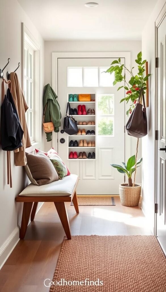 A bright and airy drop zone entryway featuring a well-organized space for coats, shoes, and bags. In the foreground, a stylish wooden bench with plush cushions offers a comfortable seating area. On the left, a set of neatly hung jackets on modern hooks, and to the right, a vibrant indoor plant adds a touch of nature. In the middle ground, a shoe rack is filled with colorful footwear, while a woven rug adds warmth to the space. The background showcases a welcoming door with sidelights, allowing natural light to flood in. Soft, diffused lighting enhances the cozy atmosphere, captured from a slightly elevated angle to create depth. This Pinterest-style lifestyle image reflects the brand "GoodHomeFinds."
