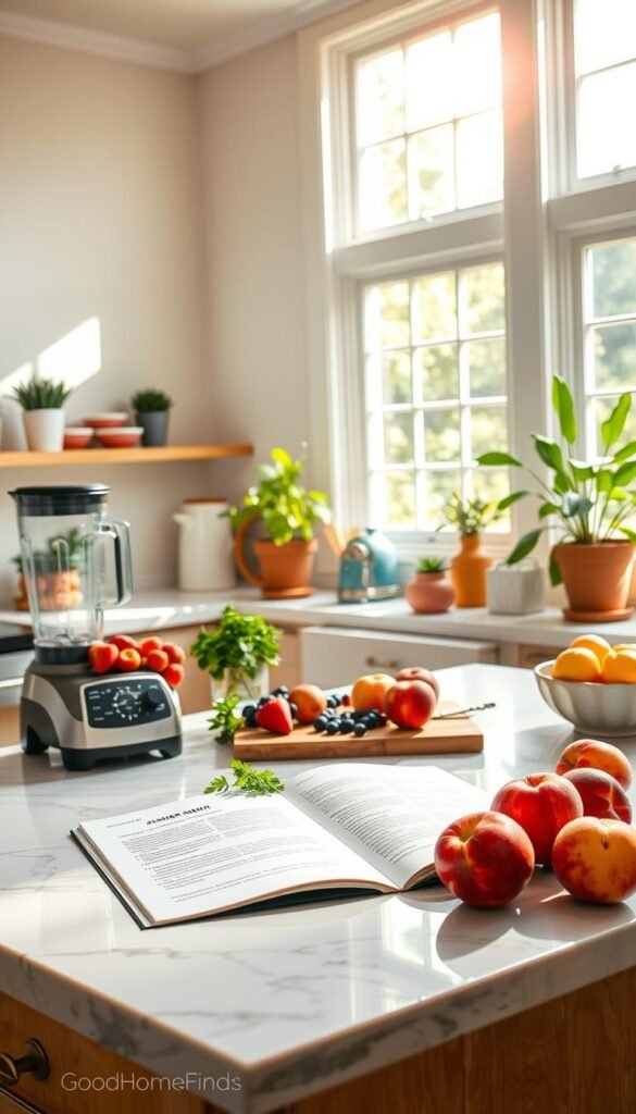 A bright and airy kitchen during summer, showcasing modern appliances and fresh ingredients. In the foreground, a marble countertop is adorned with colorful fruits like strawberries, blueberries, and peaches, alongside a stylish blender and vibrant dishware. In the middle, a well-organized kitchen island holds a sleek cutting board with fresh herbs and a cookbook opened to a summer dessert recipe. In the background, sunlight streams through large windows, illuminating the room with a warm glow, highlighting cheerful potted plants and simple kitchen utensils. The atmosphere is inviting and energetic, perfect for making quick, delightful summer treats. The image captures a cozy and efficient vibe, representing the brand "GoodHomeFinds."
