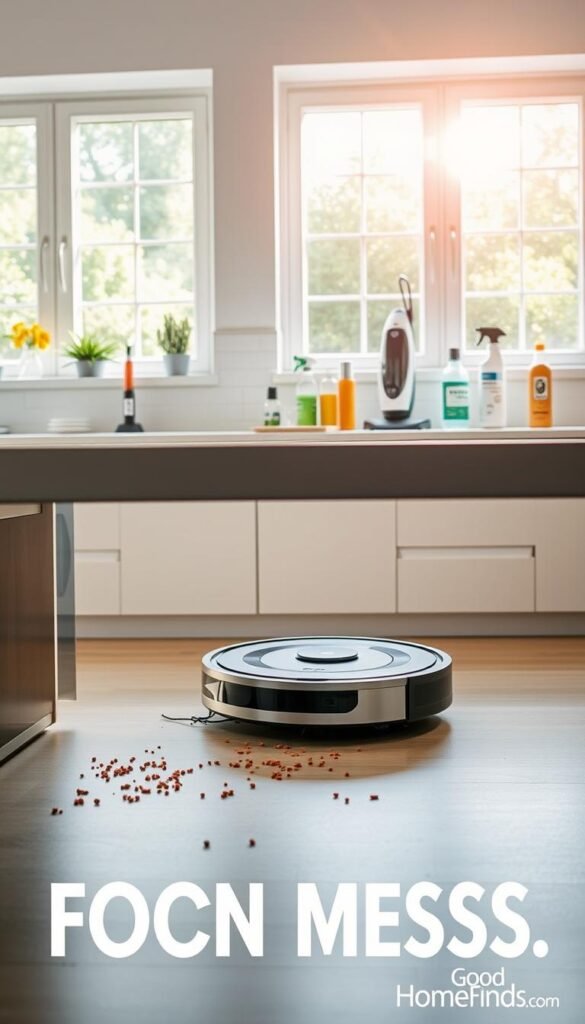 A bright and airy kitchen scene showcasing the latest cleaning tech for tackling food messes. In the foreground, a modern robotic vacuum cleaner is actively navigating beneath a sleek kitchen table, surrounded by crumbs and a few spilled spices. The middle ground features a well-organized countertop with high-tech cleaning gadgets: a steam mop, an electric dish scrubber, and biodegradable spray bottles, all neatly arranged. The background reveals sunlit windows with a view of a clean garden, adding to the cheerful atmosphere. Soft, natural light pours in, creating warm highlights that emphasize the cleanliness and functionality of the space. This lifestyle photo embodies a fresh, motivational mood for tackling kitchen messes. GoodHomeFinds. A bright and airy kitchen scene showcasing the latest cleaning tech for tackling food messes. In the foreground, a modern robotic vacuum cleaner is actively navigating beneath a sleek kitchen table, surrounded by crumbs and a few spilled spices. The middle ground features a well-organized countertop with high-tech cleaning gadgets: a steam mop, an electric dish scrubber, and biodegradable spray bottles, all neatly arranged. The background reveals sunlit windows with a view of a clean garden, adding to the cheerful atmosphere. Soft, natural light pours in, creating warm highlights that emphasize the cleanliness and functionality of the space. This lifestyle photo embodies a fresh, motivational mood for tackling kitchen messes. GoodHomeFinds.