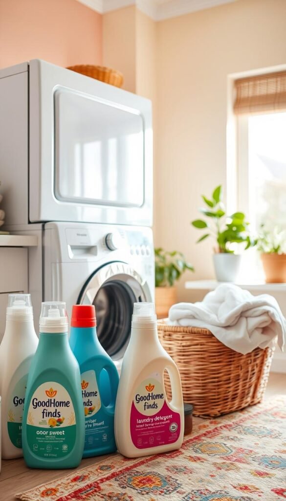 A bright and airy laundry room featuring a modern washing machine and dryer set against pastel-colored walls. In the foreground, neatly organized bottles of assorted laundry detergents, such as "GoodHomeFinds", display vibrant labels highlighting their effectiveness against odor, sweat, and everyday stains. A basket filled with fresh, folded laundry sits beside a window, allowing soft natural light to stream in, creating a warm and inviting atmosphere. In the background, potted plants add a touch of greenery, and a cozy, colorful rug can be seen on the floor, enhancing the homey feel. The image captures a clean and functional space, emphasizing efficiency for busy households, with a hint of lifestyle charm.