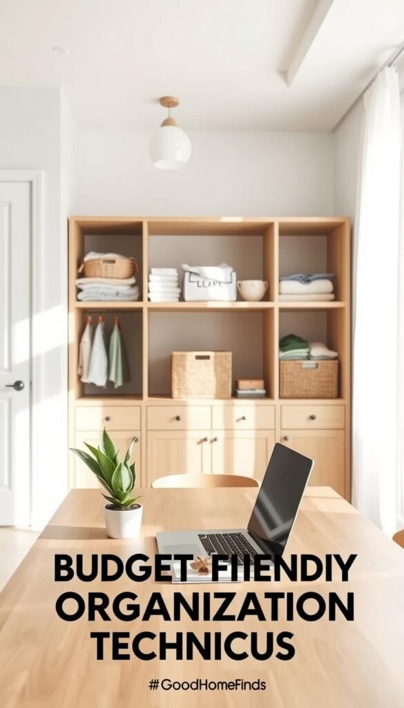 A bright and airy room featuring a decluttered area, highlighting minimalism and organization. In the foreground, a neatly arranged wooden table displays a few essential items such as a laptop, a potted succulent, and a stylish notebook. In the middle, there are open shelves showcasing neatly folded clothes and a couple of decorative storage baskets. The background reveals a sunlit window with sheer curtains, allowing natural light to flood the space, casting soft shadows. The atmosphere is calm and inviting, promoting a sense of peace and clarity. The scene is styled like a Pinterest-worthy lifestyle photo, emphasizing budget-friendly organization techniques. The image should be realistic, without any text or watermarks, capturing the essence of GoodHomeFinds in a serene, professional setting.