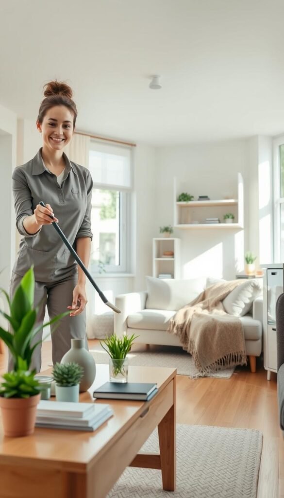 A bright and airy small apartment interior, showcasing a professional cleaning service in action. In the foreground, a cheerful cleaning professional in a smart, casual uniform is meticulously dusting a stylish coffee table filled with fresh plants and modern decor. In the middle, a well-organized living room is visible, featuring a compact sofa, an inviting throw blanket, and a neat bookshelf. The background displays a sunny kitchen with sparkling countertops and tidy shelves. Soft, natural light streams through large windows, creating a warm and inviting atmosphere. Use a slightly elevated perspective to capture the entire scene, with a focus on cleanliness and order. This image represents the promise of a fresh start in home organization, embodying the essence of "GoodHomeFinds."