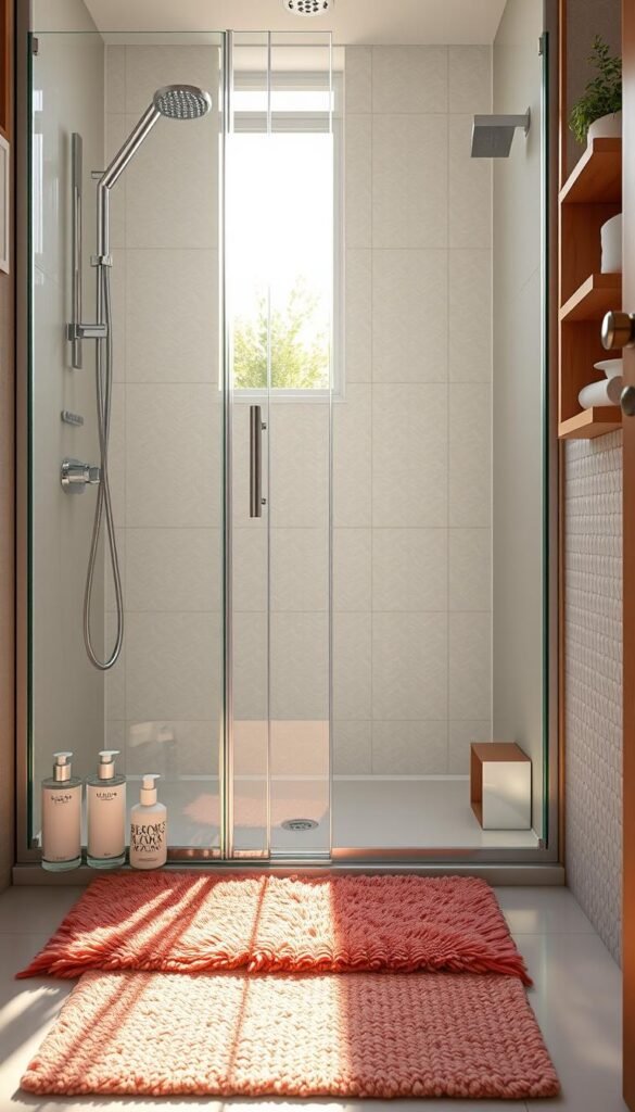 A bright and airy small bathroom scene during the morning light, featuring a modern shower with glass doors and sleek chrome fixtures. In the foreground, a neatly arranged set of stylish toiletries and a plush, colorful bath mat. In the middle, the glass shower door partially open, revealing a clean, minimalist interior with textured tiles that glisten in the soft sunlight. The background includes a tasteful wooden shelf with vibrant plants and elegant storage solutions. The atmosphere is fresh and invigorating, reflecting a sense of cleanliness and comfort. Soft, warm lighting casts gentle shadows, creating a welcoming vibe. Capturing the essence of daily revitalization, this image is styled like a Pinterest lifestyle photo by GoodHomeFinds, ensuring a focus on aesthetics and functionality without any text or distractions.