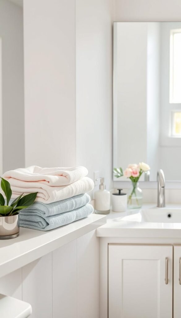 A bright and inviting bathroom, showcasing a tidy and organized space designed for quick maintenance. In the foreground, neatly stacked towels in soft pastel colors sit on a pristine shelf, alongside a decorative plant for a touch of greenery. The middle ground features a countertop with minimalistic, aesthetically pleasing toiletries arranged symmetrically, including a stylish soap dispenser and a small vase with fresh flowers. The background reveals a gleaming mirror reflecting warm, natural light streaming in from a nearby window, enhancing the overall cleanliness of the room. An inviting air prevails, evoking a sense of calm and order. The scene is styled in a Pinterest-perfect fashion, embodying the essence of "GoodHomeFinds" with a focus on elegance and practicality. The image should have soft, diffused lighting to create a serene atmosphere, captured from a slightly elevated angle for a comprehensive view. A bright and inviting bathroom, showcasing a tidy and organized space designed for quick maintenance. In the foreground, neatly stacked towels in soft pastel colors sit on a pristine shelf, alongside a decorative plant for a touch of greenery. The middle ground features a countertop with minimalistic, aesthetically pleasing toiletries arranged symmetrically, including a stylish soap dispenser and a small vase with fresh flowers. The background reveals a gleaming mirror reflecting warm, natural light streaming in from a nearby window, enhancing the overall cleanliness of the room. An inviting air prevails, evoking a sense of calm and order. The scene is styled in a Pinterest-perfect fashion, embodying the essence of "GoodHomeFinds" with a focus on elegance and practicality. The image should have soft, diffused lighting to create a serene atmosphere, captured from a slightly elevated angle for a comprehensive view.
