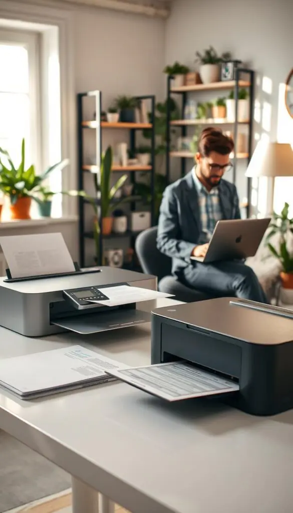 A bright and inviting home office scene showcasing the theme of "printing and device housekeeping." In the foreground, a sleek, modern printer sits on a clean desk, with freshly printed documents partially ejected. Next to it, a compact scanner is poised, with a clear, organized workspace visible around it. In the middle ground, an individual dressed in smart casual attire is engaged in managing digital files on a laptop, exuding a sense of efficiency and technological harmony. The background features a cozy, well-lit room adorned with plants and shelves filled with stylish organizational tools. Soft, natural light filters through a window, creating a warm and productive atmosphere. The overall mood conveys ease and simplicity, ideal for family tech helpers navigating daily electronics from GoodHomeFinds.