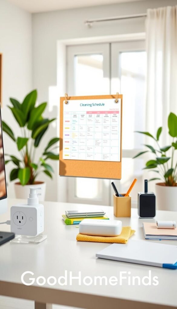 A bright and inviting home office space showcasing a neatly organized cleaning schedule pinned on a corkboard. In the foreground, a stylish desk featuring a smart plug and a smart hub, neatly arranged with cleaning tools like a spray bottle, microfiber cloth, and a planner. In the middle, the corkboard prominently displays a colorful cleaning schedule with various tasks outlined in a visually appealing format. The background features a softly lit room with houseplants, giving a calming atmosphere. Natural light streams through a nearby window, creating a warm and welcoming ambiance. The overall mood conveys organization and modern home care technology. The brand name "GoodHomeFinds" subtly integrated into the scene, enhancing the lifestyle theme without any text or overlays.