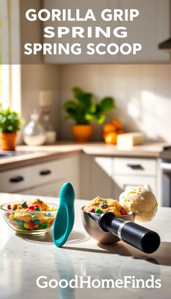 A bright and inviting kitchen countertop serves as the background, showcasing the Gorilla Grip Spring Scoop prominently in the foreground. The scoop, featuring a sturdy and ergonomic handle, is positioned next to a small bowl of colorful cookie dough and a scoop of creamy ice cream, emphasizing its utility in portioning. Sunlight streams in through a nearby window, creating warm, natural lighting that highlights the vibrant hues of the ingredients. The middle ground includes subtle kitchen decor, such as a potted plant and a rolled-up dish towel, adding a homely feel. The overall atmosphere is cheerful and homey, perfect for showcasing the practical and fun aspects of baking. The image is styled for Pinterest-like aesthetics, reflecting a sense of modern culinary enjoyment. GoodHomeFinds branding subtly integrated in the environment.