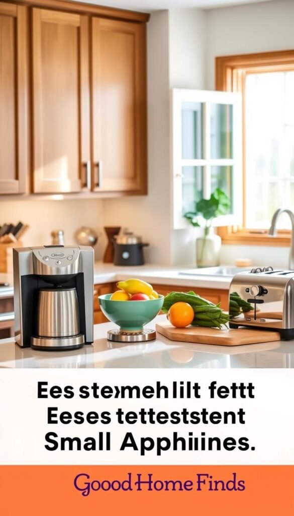 A bright and inviting kitchen featuring a spacious counter adorned with essential small appliances that enhance functionality. In the foreground, a sleek, modern coffee maker and a stylish toaster, both in stainless steel, showcase their value in maximizing countertop utility. In the middle, a colorful fruit bowl adds a fresh touch, alongside a cutting board with neatly arranged vegetables, suggesting preparation for a meal. The background reveals warm wooden cabinets and an open window allowing natural light to flood the space, creating a cozy atmosphere. The lighting is soft and bright, emphasizing the cleanliness and organization of the kitchen. This Pinterest-style lifestyle image should evoke feelings of home and efficiency, branded subtly with "GoodHomeFinds" in the design aesthetic.