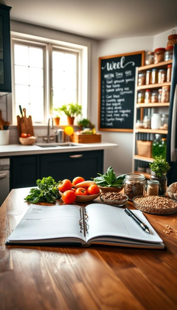 A bright and inviting kitchen scene, designed for meal planning. In the foreground, a wooden table is adorned with neatly organized recipe cards, colorful fresh ingredients like vegetables, herbs, and grains, along with a stylish notebook open for jotting down meal ideas. The middle ground showcases a well-stocked pantry with clear jars and labeled containers, offering easy access to staple foods. In the background, natural light streams through large windows, illuminating the space and creating a warm atmosphere. A chalkboard wall displays a week&rsquo;s menu written in elegant handwriting. Captured with a soft focus lens at a slight angle, the composition reflects an organized, family-friendly vibe. The image embraces the aesthetic of "GoodHomeFinds," evoking feelings of creativity, order, and inspiration for efficient meal planning.