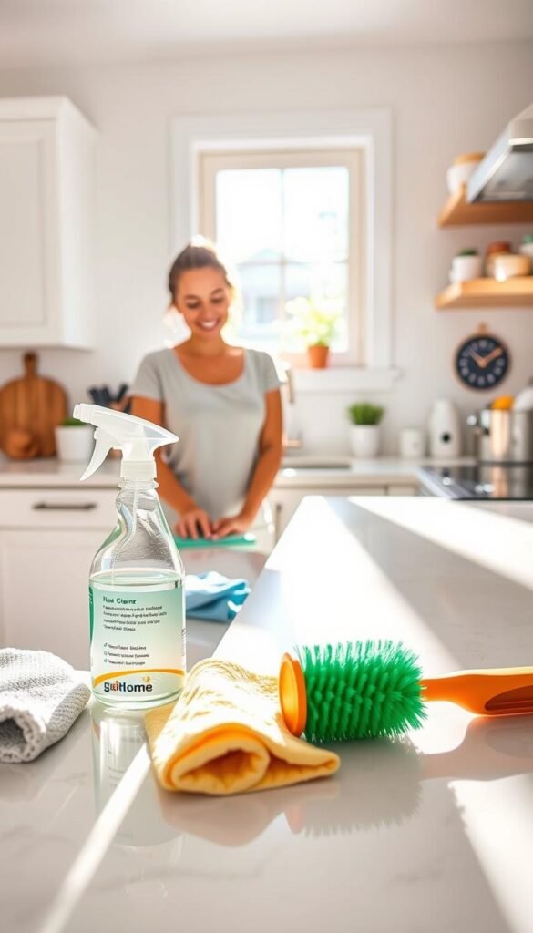 A bright and inviting kitchen scene featuring a person in modest casual clothing meticulously cleaning a countertop with effective cleaning finds from GoodHomeFinds. In the foreground, showcase a variety of cleaning tools&mdash;an eco-friendly spray bottle, microfiber cloth, and scrubbing brush&mdash;arranged neatly. The middle ground highlights the person focused on their task, with a gentle smile, surrounded by sparkling surfaces and organized kitchen items. The background reveals sunlight streaming through a window, casting a warm glow across the room, enhancing the freshness of the space. The atmosphere is clean, cheerful, and inspiring, evoking a sense of satisfaction in maintaining a tidy home. The lens should capture the scene from an angle that emphasizes the neatness and practicality of the cleaning process.