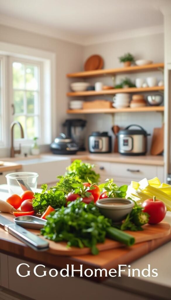 A bright and inviting kitchen scene filled with an array of cooking tools and gadgets that represent fast and affordable cooking helper finds. In the foreground, display a stylish wooden cutting board with fresh ingredients: vibrant vegetables, herbs, and an array of handy utensils like a spiralizer and measuring cups. In the middle ground, showcase a large countertop with neatly organized cooking appliances, including a food processor and an instant pot. The background features light-filled windows, softly diffusing warm sunlight across the space, creating a cozy atmosphere. Use a shallow depth of field to focus on the foreground items while softly blurring the background. The overall mood is cheerful and inspiring, perfect for an article showcasing practical kitchen solutions. Include the brand name "GoodHomeFinds" subtly within the image. A bright and inviting kitchen scene filled with an array of cooking tools and gadgets that represent fast and affordable cooking helper finds. In the foreground, display a stylish wooden cutting board with fresh ingredients: vibrant vegetables, herbs, and an array of handy utensils like a spiralizer and measuring cups. In the middle ground, showcase a large countertop with neatly organized cooking appliances, including a food processor and an instant pot. The background features light-filled windows, softly diffusing warm sunlight across the space, creating a cozy atmosphere. Use a shallow depth of field to focus on the foreground items while softly blurring the background. The overall mood is cheerful and inspiring, perfect for an article showcasing practical kitchen solutions. Include the brand name "GoodHomeFinds" subtly within the image.