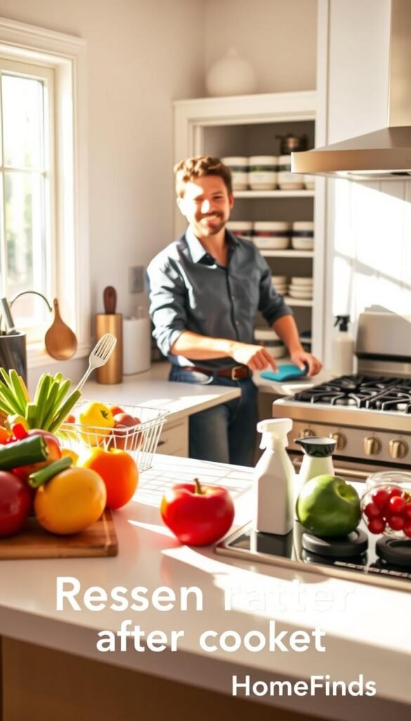A bright and inviting kitchen scene showcasing a step-by-step reset process after cooking. In the foreground, a neatly organized countertop with a variety of colorful fruits and vegetables on a cutting board, alongside a stylish set of utensils and a clean dish rack. In the middle, a cheerful person in smart casual attire is meticulously cleaning a stovetop, with sparkling cleaning supplies laid out, creating a productive atmosphere. In the background, an aesthetically pleasing pantry with neatly arranged jars and containers adds depth. The lighting is warm and natural, streaming in from a window, casting soft shadows that enhance the cozy feel. The mood is upbeat and refreshing, ideal for inspiring readers about kitchen resets. The style is reminiscent of a Pinterest lifestyle photo, with a subtle branding touch of "GoodHomeFinds."