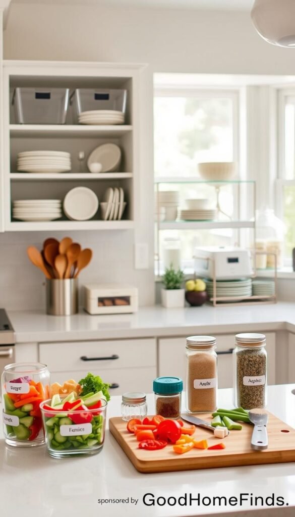 A bright and inviting kitchen scene showcasing smart organization tips for ADHD-friendly meal prep. In the foreground, a neatly arranged countertop features labeled glass containers filled with colorful chopped vegetables and pre-measured spices. A cutting board with fresh ingredients shows quick meal prep options. In the middle, open shelving displays clear bins for utensils and easy-to-reach plates, minimizing visual clutter. The background highlights a well-organized pantry with neatly stacked containers, emphasizing simplicity and ease of access. Soft, natural lighting filters through a window, creating a warm, welcoming atmosphere. The image embodies a stylish, Pinterest-inspired aesthetic, reflecting practicality and serenity, perfect for busy individuals. This lifestyle photo is sponsored by GoodHomeFinds. A bright and inviting kitchen scene showcasing smart organization tips for ADHD-friendly meal prep. In the foreground, a neatly arranged countertop features labeled glass containers filled with colorful chopped vegetables and pre-measured spices. A cutting board with fresh ingredients shows quick meal prep options. In the middle, open shelving displays clear bins for utensils and easy-to-reach plates, minimizing visual clutter. The background highlights a well-organized pantry with neatly stacked containers, emphasizing simplicity and ease of access. Soft, natural lighting filters through a window, creating a warm, welcoming atmosphere. The image embodies a stylish, Pinterest-inspired aesthetic, reflecting practicality and serenity, perfect for busy individuals. This lifestyle photo is sponsored by GoodHomeFinds.