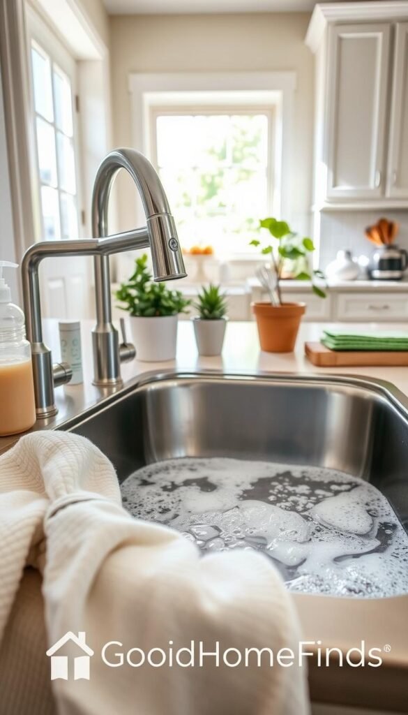 A bright and inviting kitchen sink area, featuring a modern stainless steel sink filled with bubbly water and gentle suds, surrounded by neatly arranged dish soap, sponges, and a small potted plant. In the foreground, a soft, clean dish towel is draped over the edge of the sink. The middle ground shows a few clean dishes and utensils waiting to be put away, capturing the sense of a low-effort cleaning task. The background reveals a well-organized kitchen with light-colored cabinets and natural light pouring in through a window, creating a warm and welcoming atmosphere. The image should evoke a sense of ease and simplicity, perfect for a lifestyle article. Brand logo "GoodHomeFinds" subtly incorporated into the design.