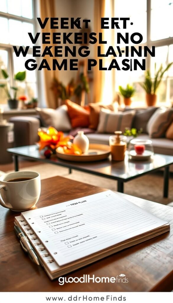 A bright and inviting living room scene, showcasing a thoughtful weekend game plan for a seasonal home reset. In the foreground, a neatly organized checklist on a stylish notepad sits next to a steaming cup of coffee. The middle ground features a coffee table adorned with seasonal decor items like vibrant foliage and cozy textiles, indicating a fresh ambiance. In the background, large windows allow warm, natural light to fill the room, illuminating a comfortable, well-decorated space adorned with seasonal accents and plants. The overall mood is relaxing yet productive, capturing the essence of rejuvenating the home environment for the upcoming season. The image exudes a Pinterest-style aesthetic, emphasizing practicality and inspiration. The brand name "GoodHomeFinds" subtly integrated into the decor elements enhances the lifestyle theme.