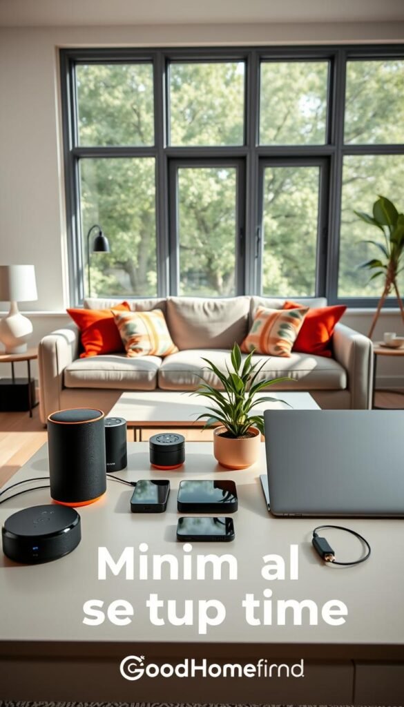 A bright and inviting living room setup showcasing a modern, tech-friendly environment that emphasizes minimal setup time. In the foreground, a stylish coffee table with neatly organized tech gadgets like smart speakers, chargers, and a sleek laptop. In the middle, a comfortable couch adorned with colorful cushions, accompanied by a living plant adding a touch of greenery. In the background, large windows allow natural light to fill the room, enhancing the warm and welcoming atmosphere. Soft, diffused lighting creates a cozy vibe, and the angle captures the space from slightly above, providing a wide view of the whole setup. The image exudes a sense of ease and comfort, ideal for renters looking for a tech-savvy home environment. Include the branding "GoodHomeFinds" subtly integrated into the decor.
