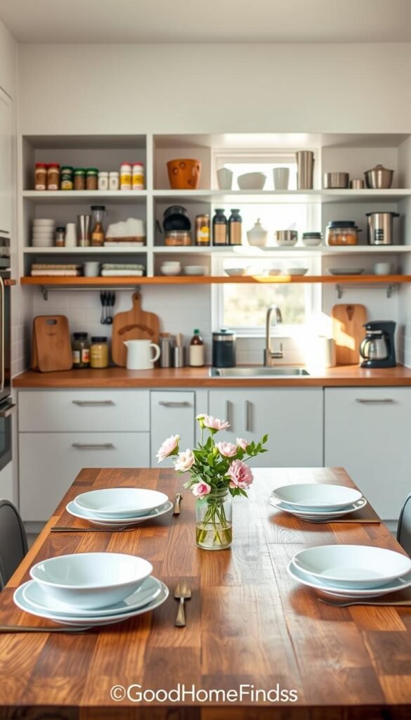 A bright and inviting modern kitchen interior showcasing essential home and kitchen staples under $25. In the foreground, a rustic wooden dining table set with stylish plates, cutlery, and a small vase of fresh flowers, hinting at weekly usage. The middle layer features sleek kitchen shelves stocked with organized pantry items, utensils, and small appliances like a coffee maker and a blender, creating a cozy, functional atmosphere. In the background, a warm glow from natural light streaming through a window enhances the inviting feel, casting soft shadows. The scene is meticulously styled, reminiscent of a Pinterest lifestyle photo. Brands and logos are omitted. The overall mood conveys warmth, practicality, and a sense of home, perfect for a family gathering or daily cooking. GoodHomeFinds.
