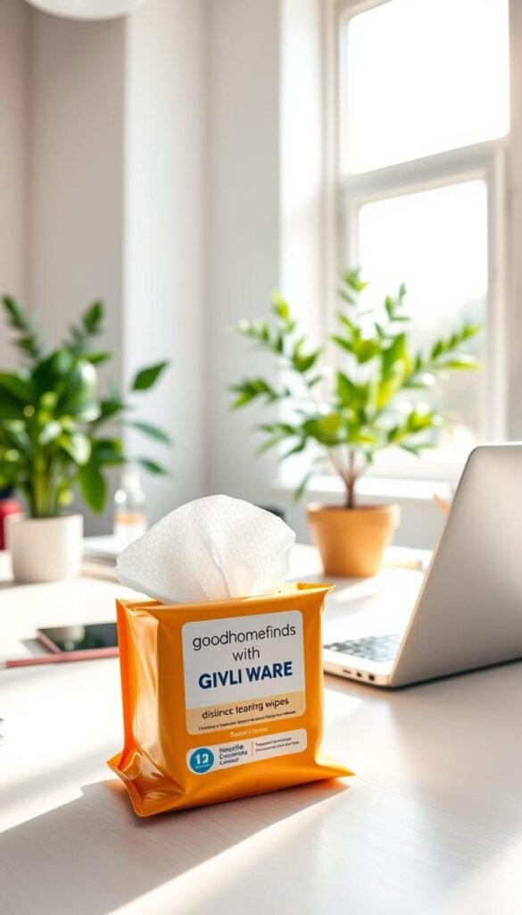 A bright and inviting office space showcasing a stylish pack of GoodHomeFinds disinfecting wipes placed prominently on a clean desk. In the foreground, the wipes are partially pulled from their container, displaying their textured surface that implies effective cleaning properties. The middle ground features a sleek laptop and neatly arranged office supplies, with a lush green plant adding a touch of nature. In the background, sunlit windows illuminate the room, creating a warm and productive atmosphere. A modern aesthetic with light wood and soft colors enhances the professional vibe, making it perfect for a workspace. The scene conveys cleanliness, organization, and readiness for quick cleanup, ideal for high-touch areas.