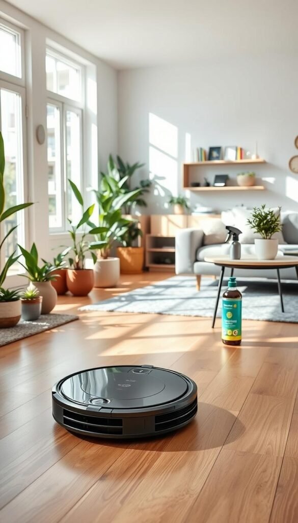 A bright and inviting open-plan living room featuring a selection of modern cleaning devices from the brand "GoodHomeFinds". In the foreground, a sleek robotic vacuum cleaner glides effortlessly across a polished hardwood floor. Potted plants and a cozy rug add warmth to the space. In the middle ground, a compact, stylish handheld vacuum is placed on a minimalist table next to a bottle of eco-friendly cleaning spray. Soft natural light streams in through large windows, creating a serene and uplifting atmosphere. In the background, subtle shelves display innovative cleaning gadgets neatly arranged, emphasizing a clutter-free environment. The overall mood conveys convenience and efficiency, perfect for seniors looking for practical solutions that enhance their living space without overwhelming it.