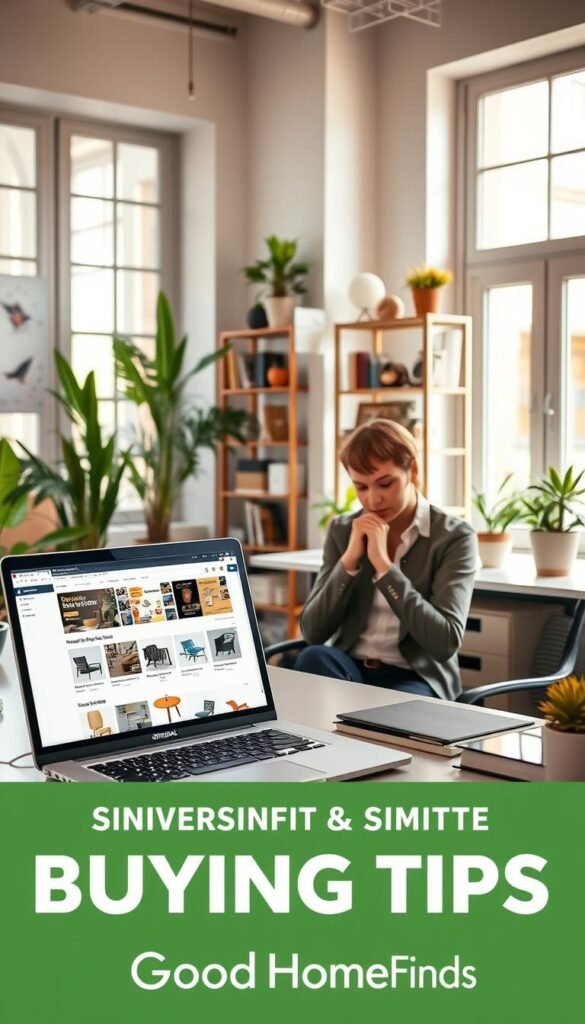 A bright and inviting room filled with neatly organized and stylish small space furniture and storage options, showcasing the concept of effective Amazon buying tips. In the foreground, a laptop open to an Amazon page displays items like multi-functional furniture and compact storage solutions. A professional individual in smart casual attire is seated at a sleek desk, thoughtfully browsing the website. In the middle ground, vibrant potted plants and decorative organizers create a lively ambiance, while a well-arranged bookshelf hints at careful selection choices. The background features large windows allowing soft, warm light to filter in, enhancing the mood of productivity and smart shopping. Overall, the image conveys a sense of efficiency, style, and organization. GoodHomeFinds branding should be subtly integrated into the scene.