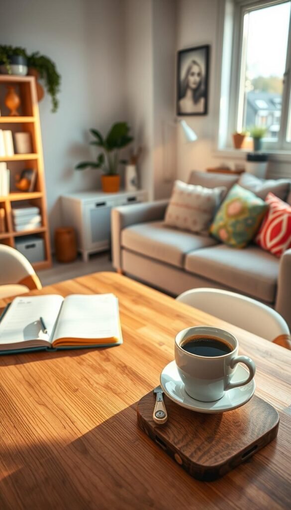 A bright and inviting small apartment interior showcasing daily habits for maintaining a tidy space. In the foreground, a stylish wooden table features a steaming cup of coffee, a neatly organized planner, and a small bowl of fresh fruit. The middle ground includes a cozy living area with a plush sofa adorned with colorful cushions, an indoor plant, and a tidy bookshelf. The background reveals a clean kitchen with sparkling utensils and a window that allows natural light to flood the space, creating a warm atmosphere. Soft, golden-hour lighting enhances the overall cozy vibe, evoking a sense of tranquility and productivity. The scene captures the essence of daily routines, like tidying up and enjoying moments of self-care, in a Pinterest-style lifestyle photograph. GoodHomeFinds.