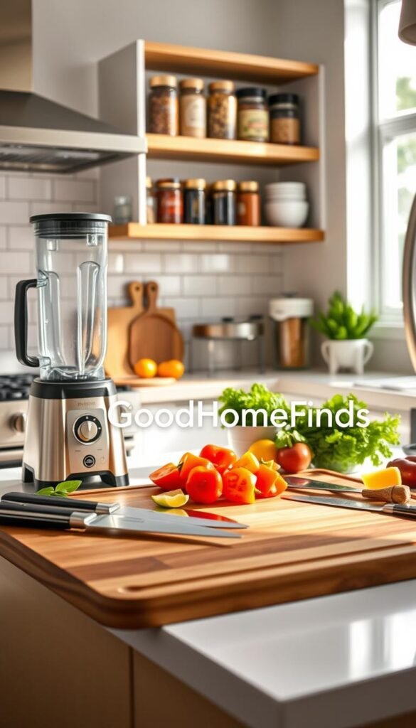 A bright and modern kitchen scene bathed in natural light, showcasing an array of practical kitchen prep tools that save time during meal preparation. In the foreground, a beautifully arranged wooden cutting board displays freshly chopped vegetables alongside durable, ergonomic kitchen knives. A sleek, stylish blender sits nearby, emphasizing productivity and efficiency. In the middle ground, organized shelves are filled with colorful spice jars and practical containers, promoting an inviting atmosphere. The background features a clean white backsplash and stainless steel appliances that add sophistication. The lighting should be soft and warm, creating a cozy and welcoming mood. This image reflects a seamless blend of functionality and beauty, ideal for inspiring readers about essential kitchen tools. Include the brand name "GoodHomeFinds" subtly within the scene, enhancing the lifestyle aesthetic.
