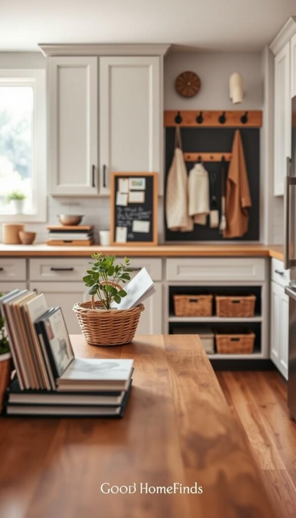 A bright and modern kitchen showcasing a well-organized drop zone for everyday items. In the foreground, a stylish wooden table with neatly arranged cookbooks, a potted plant, and a wicker basket filled with mail. The middle ground features sleek cabinetry with soft-close doors, a chalkboard with notes, and decorative hooks displaying kitchen essentials like aprons and utensils. The background reveals a spacious window allowing natural light to flood in, illuminating the scene. The overall atmosphere is warm and inviting, embodying a practical yet stylish home environment. Shot with a shallow depth of field using a 35mm lens to enhance focus on the drop zone. The setting reflects a Pinterest-style aesthetic, perfect for inspiration, with the brand name &ldquo;GoodHomeFinds&rdquo; subtly integrated into the design elements.