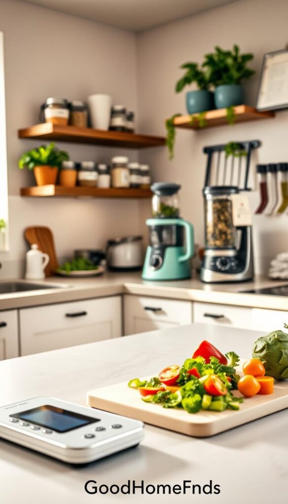 A bright and modern kitchen showcasing an array of low-cost time-saving products. In the foreground, a sleek cutting board with a digital scale and pre-chopped vegetables, emphasizing efficiency. The middle ground features stylish kitchen gadgets like a multi-functional can opener, a compact food processor, and a colorful spice rack, neatly organized and accessible. The background reveals open shelving displaying neatly labeled jars and a wall-mounted recipe holder. Soft, warm lighting illuminates the space, creating a cozy atmosphere, with a hint of greenery from potted herbs on the windowsill. The lens captures a slightly angled view to emphasize depth and the harmony of the kitchen design. This image reflects a lifestyle of convenience and organization, branded subtly with "GoodHomeFinds."