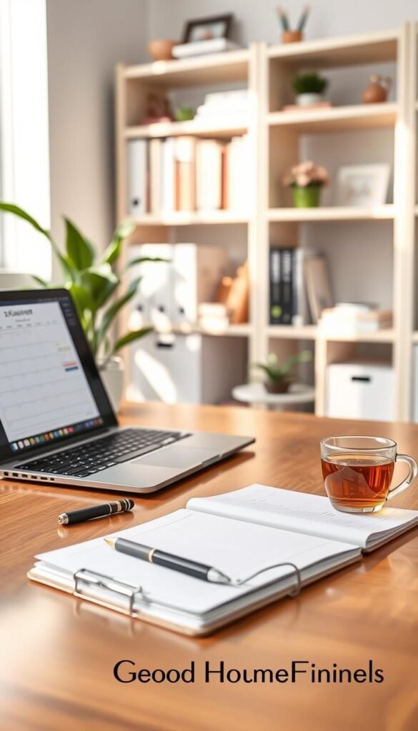 A bright and organized office desk showcasing a minimalist design. In the foreground, there&rsquo;s a polished wooden desk featuring a sleek laptop with a digital planner open, a stylish pen, and a small indoor plant adding a touch of greenery. In the middle ground, a neat stack of papers is clipped together, while a closed notebook lies beside a cup of a soothing herbal tea. The background reveals softly blurred shelves filled with neatly arranged books and decor items, emphasizing a clear and uncluttered workspace. The scene is bathed in warm, natural light streaming in from a nearby window, creating a calm and inviting atmosphere. Capture this realistic lifestyle image in a Pinterest style, reflecting the branding of GoodHomeFinds.