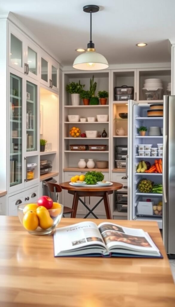 A bright and spacious shared kitchen showcasing effective storage solutions, featuring modern cabinets, an organized pantry with labeled containers, and a well-arranged fridge filled with fresh produce. In the foreground, a wooden countertop displays a chic fruit bowl and a cookbook, reflecting a trendy lifestyle. In the middle, well-organized kitchen cabinets highlight clear storage bins, herbs in pots, and neatly arranged dishes. The background features a cozy dining area with a small table set for two, under warm pendant lighting. Use a shallow depth of field to draw focus on the kitchen storage elements, creating a welcoming and functional atmosphere. The image should evoke a sense of harmony and organization, ideal for roommates. Incorporate design elements inspired by GoodHomeFinds.