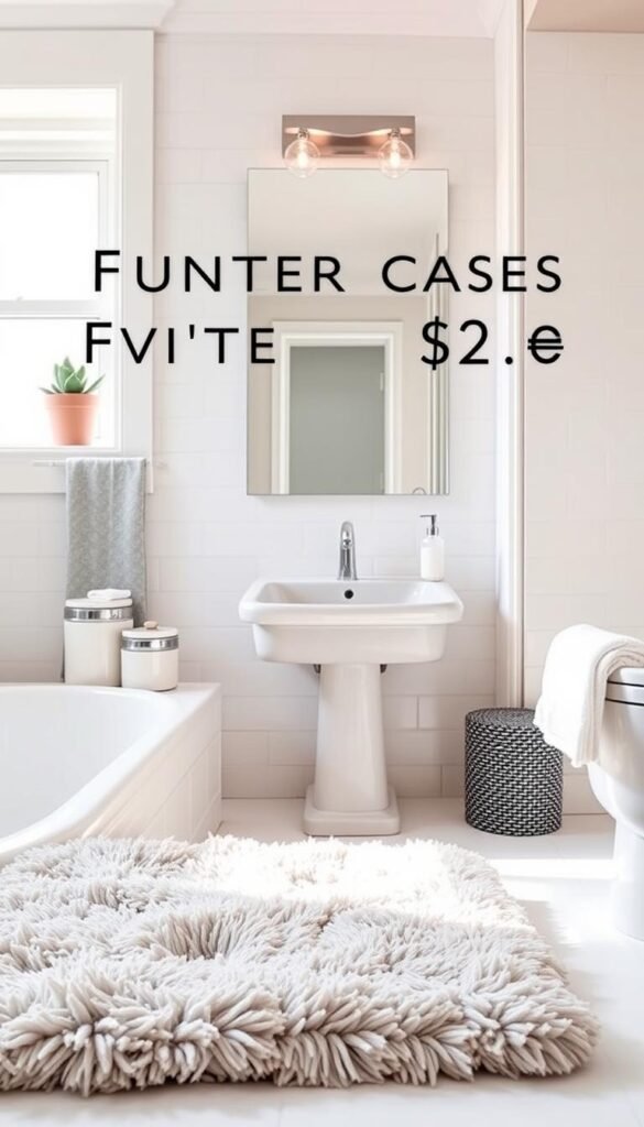 A bright, inviting bathroom designed for renters, showcasing stylish elements under $25 that enhance self-care. In the foreground, display a plush, fluffy bath mat in muted pastels, alongside neatly arranged decorative storage jars filled with bath essentials. In the middle, feature a sleek, modern sink and a well-lit mirror reflecting soft, warm lighting, creating a tranquil ambiance. The background includes pale, elegant tiles and a small potted plant perched on a window sill, allowing natural light to flood the space. The overall mood is serene and rejuvenating, capturing the essence of a personalized sanctuary. Reflect the brand "GoodHomeFinds" subtly in the decor. The composition should emulate a Pinterest-style lifestyle photo, with a cozy, lived-in feel.