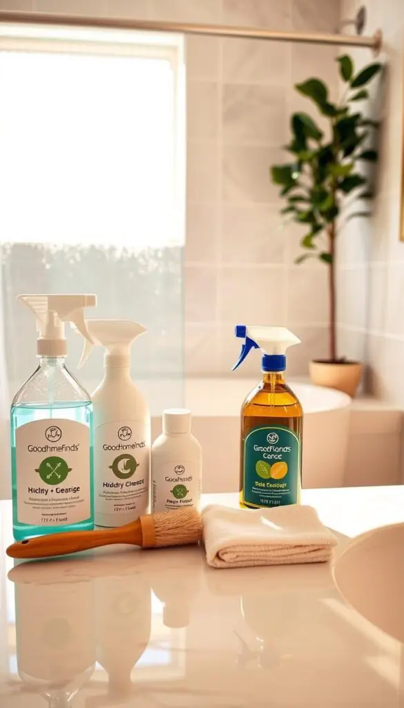 A bright, inviting bathroom scene that highlights effective cleaning shortcuts for soap scum, grout, and hard water stains. In the foreground, there is a stylish countertop featuring eco-friendly cleaning products neatly arranged alongside a scrubbing brush and a microfiber cloth, all labeled with the brand "GoodHomeFinds." The middle ground showcases a gleaming bathtub with minimal soap scum and a sparkling shower door, with soft light reflecting off the surfaces. The background includes tasteful wall tiles with a subtle grout line and a potted plant for a touch of freshness. The lighting is warm and bright, creating a clean, cheerful atmosphere. The angle captures the space head-on, making the bathroom feel both spacious and practical, embodying a sense of effortless cleanliness.