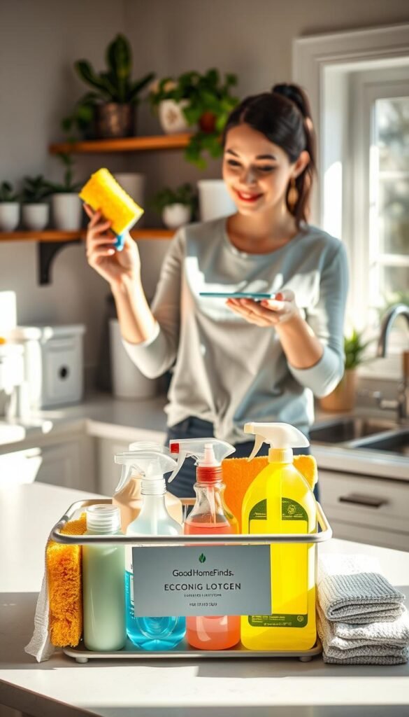 A bright, inviting kitchen filled with various cleaning tools and solutions arranged artfully on a countertop. In the foreground, a neatly organized cleaning caddy with colorful, eco-friendly products, a sponge, and microfiber cloths. In the middle, a woman in modest casual clothing demonstrates cleaning a glass surface, her expression focused and satisfied. Natural light streams in through a nearby window, casting soft shadows that add warmth to the scene. The background features a well-kept kitchen with house plants, labeled storage containers, and a shiny, maintained sink. The overall atmosphere is one of cleanliness, organization, and effectiveness, embodying a lifestyle that values problem-solving in home care. The branding 'GoodHomeFinds' is subtly integrated into the scene through a stylish product label on the cleaning caddy.