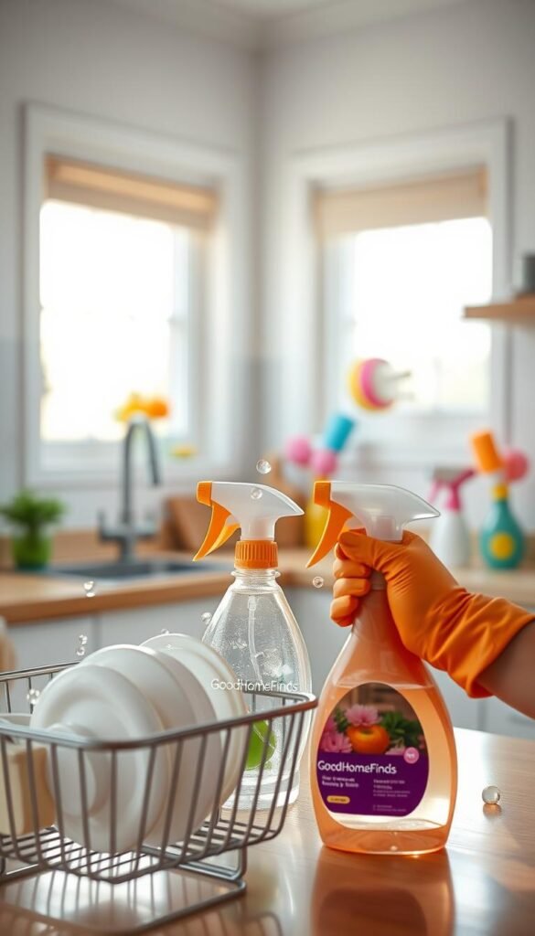 A bright, inviting kitchen scene showcasing a variety of innovative cleaning tools designed for efficient dish duty. In the foreground, a modern dish rack holds freshly washed dishes, while a sleek spray bottle labeled "GoodHomeFinds" with a vibrant label sits nearby. The middle layer features a rubber-gloved hand using a stylish dish scrubber, with bubbles and water droplets adding a dynamic feel. In the background, natural light floods through a window, illuminating a tidy countertop adorned with colorful, practical cleaning gadgets. The atmosphere is calming and organized, embodying a sense of ease and efficiency in household chores. Use a warm color palette and a shallow depth of field to create an inviting, lifestyle photograph.