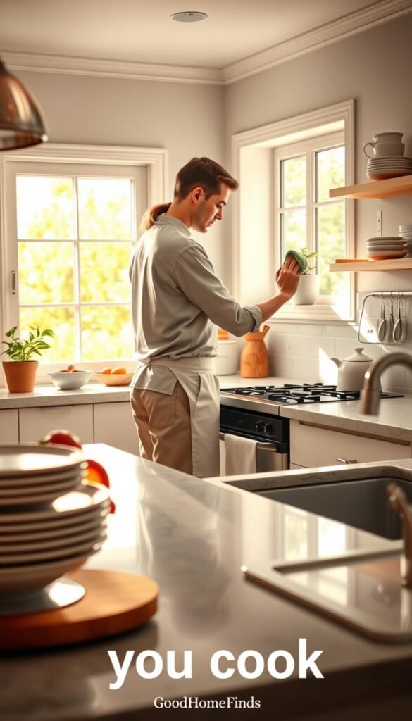 A bright, inviting kitchen with warm natural lighting flooding in from a window, showcasing a chef in modest casual clothing diligently cleaning as they cook. In the foreground, a sparkling countertop with neatly stacked plates, colorful vegetables, and a cutting board. In the middle, the chef wipes down the stove with a cloth, embodying a sense of organization and cleanliness. The background features a tidy sink with minimal dishes, a plant on the windowsill, and tasteful kitchen decor, enhancing the atmosphere of a well-maintained space. Capture the essence of efficiency and harmony, creating a Pinterest-style lifestyle photo that reflects the theme "Clean as you cook." GoodHomeFinds.