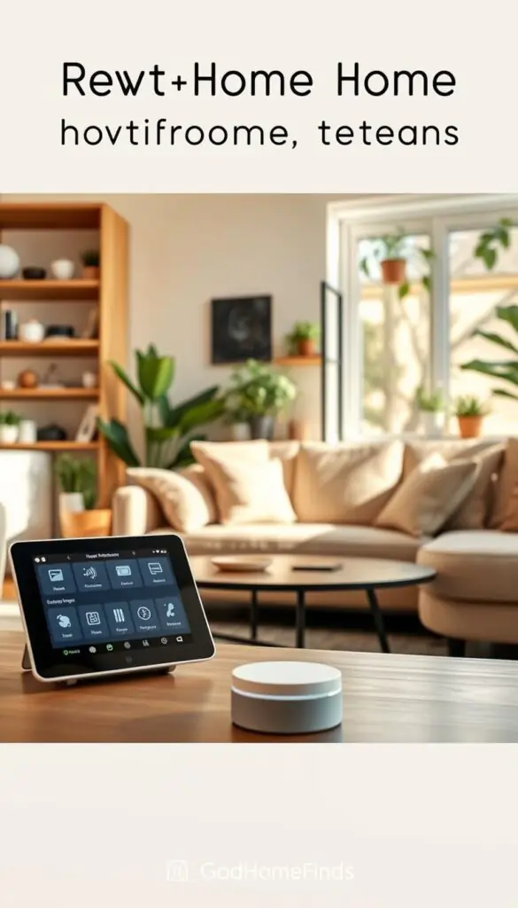 A bright, inviting living room featuring modern, practical home technology that enhances daily living. In the foreground, a sleek smart home device is placed on a stylish coffee table, next to a tablet displaying home automation controls. In the middle, a comfortable sectional sofa adorned with soft cushions invites relaxation, while a large window lets in natural sunlight, highlighting the room's warm colors. In the background, shelves display organized smart home gadgets and plants, creating a blend of technology and comfort. The lighting is soft and cozy, evoking a sense of serenity and functionality. The atmospheric mood reflects daily life enhanced by technology, illustrating the real benefits of practical home tech. Stylized in a Pinterest-inspired aesthetic. Include the brand name "GoodHomeFinds".