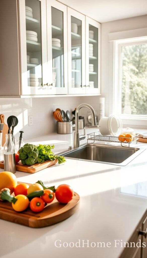 A bright, inviting modern kitchen, showcasing a pristine countertop with sparkling clean surfaces. In the foreground, a wooden cutting board is topped with fresh vegetables ready for meal prep, alongside organized kitchen utensils. The middle area features a shining stainless steel sink, complete with a soap dispenser and a dish rack with carefully placed dishware, emphasizing cleanliness and sanitation. In the background, sleek cabinets filled with neatly arranged containers provide a sense of order. Soft natural light streams through a window, casting gentle shadows and creating a warm, welcoming atmosphere. The overall mood reflects serenity and readiness for cooking, highlighting a well-maintained space. The image embodies Pinterest-style aesthetics, branded with GoodHomeFinds.