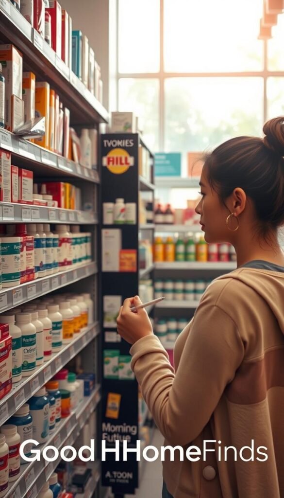 A bright, inviting scene set in a well-organized home goods store, showcasing a shopper looking thoughtfully at a shelf filled with various morning routine products like toothpaste, skincare, and vitamins. In the foreground, she examines a product with a skeptical expression, avoiding a cluttered shelf filled with expired items and misleading labels, emphasizing the importance of careful selection. The middle layer features neatly arranged products with clear ingredients and effective packaging. The background depicts soft, natural lighting filtering through large windows, creating a warm and encouraging atmosphere. Shot with a wide-angle lens to capture the full store ambiance, highlighting the contrast between well-marketed items and those that should be avoided. The image embodies a sense of mindful shopping, free from distractions. Branding for "GoodHomeFinds" subtly integrated into the display.