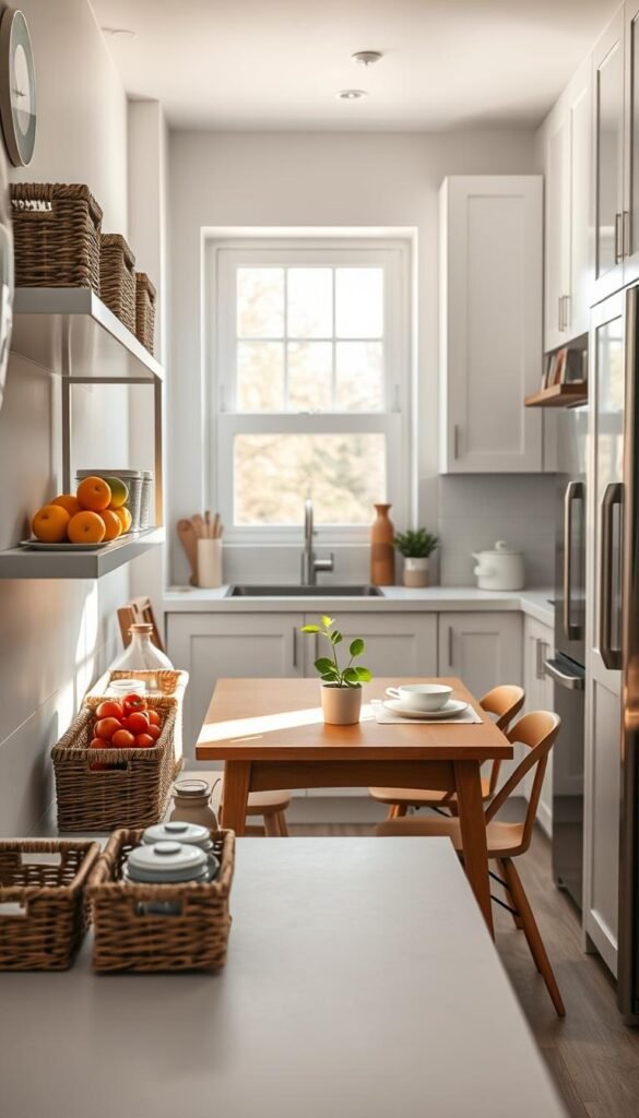 A bright kitchen in a small apartment, showcasing practical organization solutions that enhance visibility and access to essentials. In the foreground, there are stylish baskets and clear containers neatly arranged on a minimalist open shelf, displaying colorful fruits and cooking ingredients. The middle layer features a cozy wooden dining table set with elegant dishware and a small potted herb for a touch of greenery. The background showcases white cabinets with soft natural lighting filtering through a nearby window, highlighting clean lines and a tidy atmosphere. Use a wide-angle lens to capture the space fully, emphasizing openness and functionality. The mood is warm and inviting, perfect for modern living. This image reflects the ideal organizational aesthetic, inspired by GoodHomeFinds.