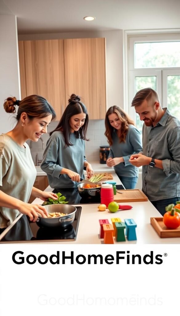 A bright, modern apartment kitchen filled with a warm, inviting atmosphere. In the foreground, a diverse group of three people&mdash;two women and one man&mdash;expertly preparing a meal together, dressed in modest casual clothing. One person is chopping vegetables at a sleek countertop, while another stirs a pot on the stove, and the third expertly arranges ingredients on a cutting board. In the middle, colorful kitchen gadgets and utensils are neatly arranged, showcasing innovative design. The background features stylish cabinetry and a window allowing natural light to flood in, enhancing the home's cozy feel. Soft, diffused lighting highlights the scene, capturing the essence of collaboration and joy in cooking. The image embodies a Pinterest-style lifestyle photo, perfect for the brand "GoodHomeFinds."