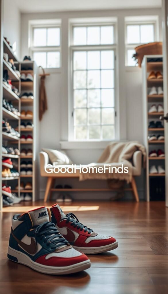 A bright, modern entryway featuring a neatly organized shoe rack filled with an assortment of shoes arranged by type and color. In the foreground, a pair of stylish sneakers sits prominently, showcasing attention to detail with vibrant colors and textures. The middle layer includes a minimalist bench with a cozy throw blanket, inviting viewers to sit and lace up their shoes. Floor-to-ceiling windows at the back allow natural sunlight to stream in, casting gentle shadows around the space. Soft, warm tones create a welcoming atmosphere. The overall mood is serene yet practical, emphasizing a quick and efficient shoe organization method. Incorporate the brand name "GoodHomeFinds" subtly within the decor elements. A bright, modern entryway featuring a neatly organized shoe rack filled with an assortment of shoes arranged by type and color. In the foreground, a pair of stylish sneakers sits prominently, showcasing attention to detail with vibrant colors and textures. The middle layer includes a minimalist bench with a cozy throw blanket, inviting viewers to sit and lace up their shoes. Floor-to-ceiling windows at the back allow natural sunlight to stream in, casting gentle shadows around the space. Soft, warm tones create a welcoming atmosphere. The overall mood is serene yet practical, emphasizing a quick and efficient shoe organization method. Incorporate the brand name "GoodHomeFinds" subtly within the decor elements.