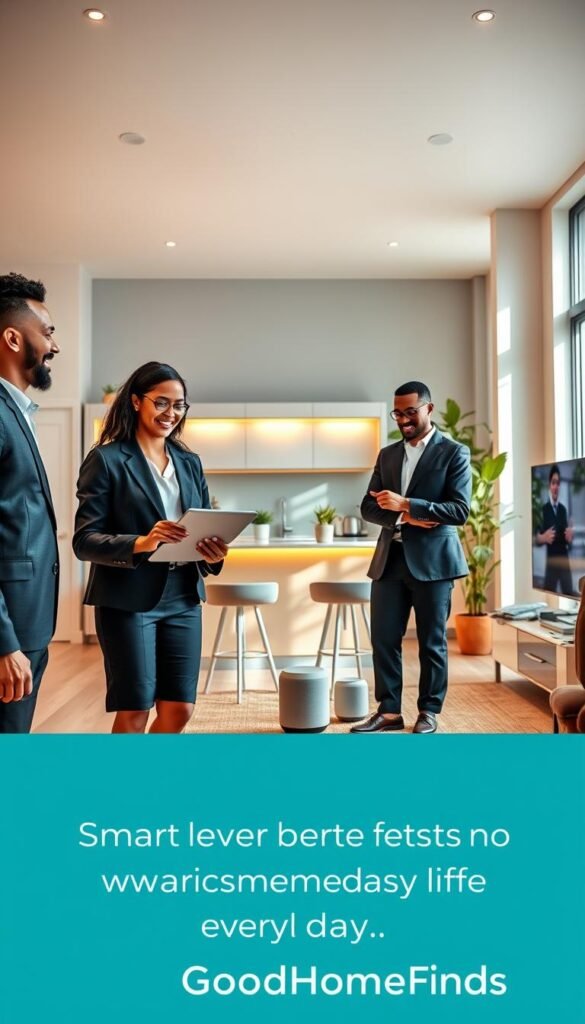 A bright, modern home interior showcasing the real benefits of technology in everyday life. In the foreground, a diverse group of three individuals in professional business attire, happily engaging with various smart home devices, such as a tablet displaying home automation features and a voice-controlled assistant. In the middle, a sleek kitchen equipped with smart appliances and automated lighting, illuminating the space warmly. A contemporary living room is visible in the background, featuring a smart TV, comfortable seating, and plants adding a touch of nature. Natural light filters through large windows, creating a welcoming atmosphere. The overall mood is vibrant and productive, highlighting how technology simplifies daily tasks and enhances well-being. Branding subtly included is "GoodHomeFinds."