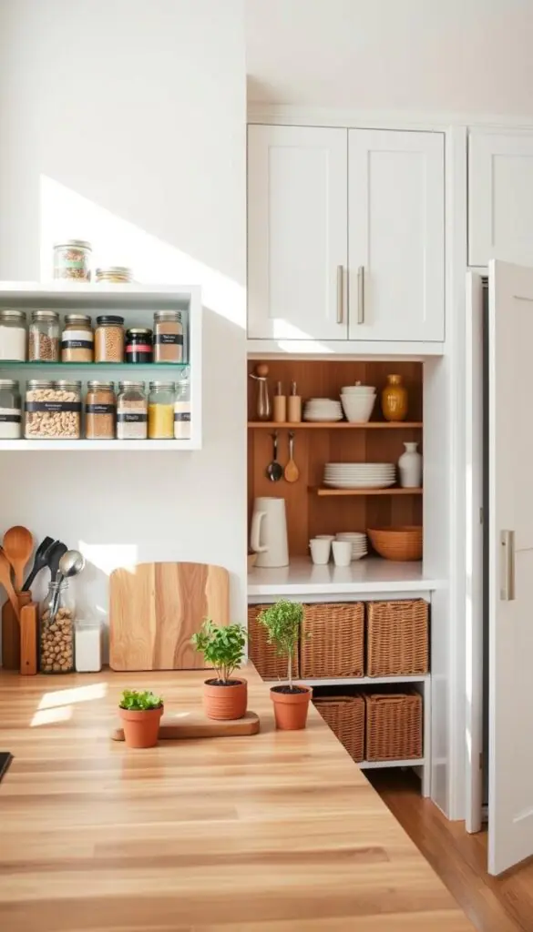 A bright, modern kitchen featuring clever storage solutions for renters. In the foreground, a stylish open shelf displaying organized glass jars filled with pantry staples, colorful spice containers, and an array of basic kitchen utensils. The middle section showcases a compact, well-organized countertop with a stylish cutting board and a small indoor herb garden in pots. Beautiful, wall-mounted cabinets without visible hardware provide extra storage while maintaining a clean look. In the background, a cozy pantry door slightly ajar reveals neatly stacked dishware and baskets. Soft, natural lighting floods the space, highlighting the textures of wood and ceramic, creating a warm and inviting atmosphere. The image should evoke creativity and practicality, perfect for the brand GoodHomeFinds, with a focus on aesthetic yet functional renter-friendly solutions.