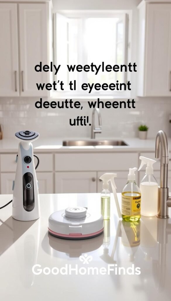 A bright, modern kitchen featuring innovative cleaning gadgets designed for deep-cleaning with minimal effort. In the foreground, a sleek countertop showcases a state-of-the-art handheld steamer, a compact power scrubber, and eco-friendly spray bottles filled with natural cleaning solutions, all arranged neatly. The middle-ground reveals sparkling clean cabinets and an immaculate sink with a shiny faucet, emphasizing cleanliness. In the background, an open window lets in soft, natural light, illuminating the space and creating a fresh, inviting atmosphere. The scene conveys a sense of ease and efficiency, encouraging effortless cleaning. The branding "GoodHomeFinds" subtly integrates into the aesthetic, ensuring it remains a harmonious part of the design. Light flares subtly highlight the cleanliness of the surfaces, enhancing the overall mood of a serene, efficiently maintained home.